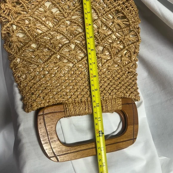 Vintage Macrame Wooden Rectangle Handle Purse 1970s 1980s Boho - Picture 6 of 11